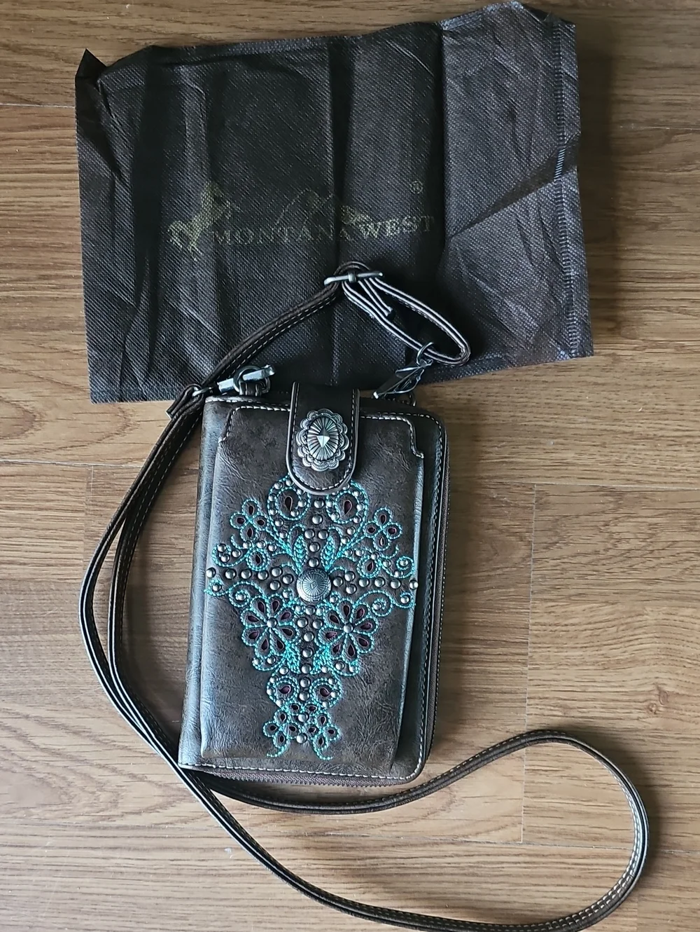 Montana West Zippered Floral Turquoise Embroidered Phone Crossbody Brown Wallet
